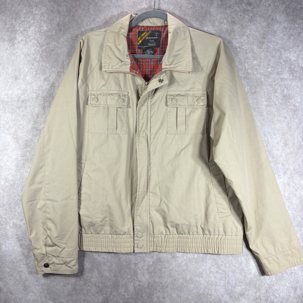 Vintage Sears Jacket Mens Large Tan Harrington Bomber Plaid Lined Cargo Pocket